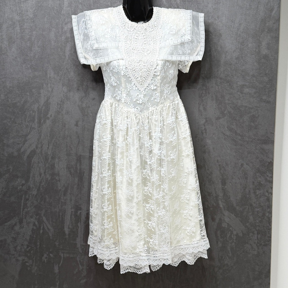 Vintage Jessica McClintock Dress Girls 8 Ivory Lace Flower Girl Formal Victorian